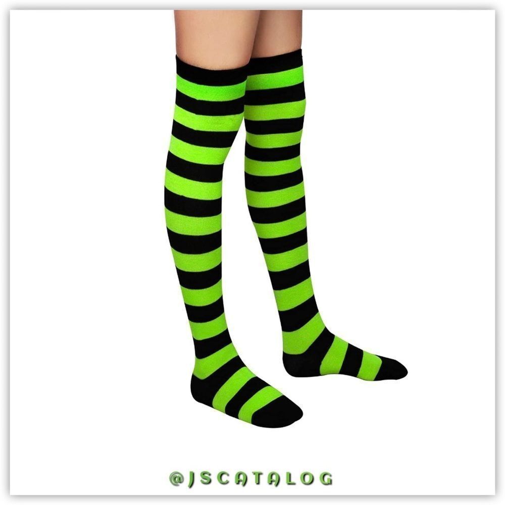Bright Green & Black Striped Cotton ThighHighs - Picture 5 of 7